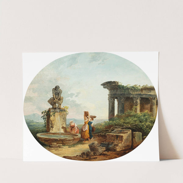 Landscape with washerwomen at a fountain by Hubert Robert