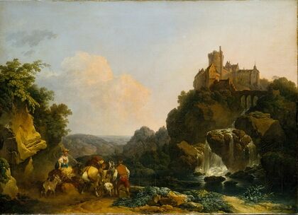 Landscape with Waterfall, Castle and Peasants (1767)