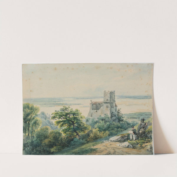 Landschaft am Meer mit Blick auf eine Ruine by Gustav Barbarini