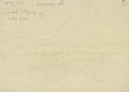 Landschaft, im Vordergrund Figuren, im Hintergrund ein See mit Insel (ca. 1873)