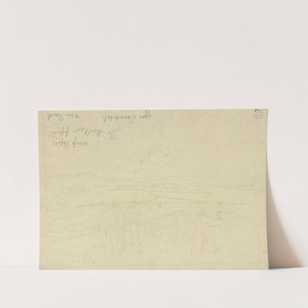 Landschaft, im Vordergrund Figuren, im Hintergrund ein See mit Insel (ca. 1873) by Hans Thoma