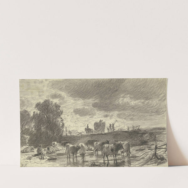 Landschaft in Gewitterstimmung mit einer Viehherde im Vordergrund und einem Erntewagen am Horizont by Friedrich Voltz