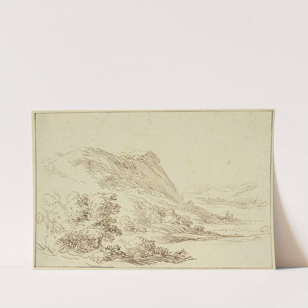 Landschaft, links ein Berg und Sträucher, rechts ein Tal im Hintergrund by Vincent Jansz. van der Vinne