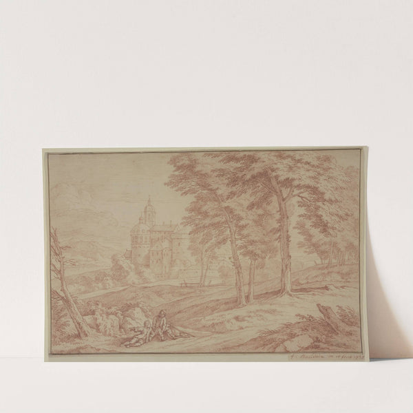 Landschaft, links ein Schloß, rechts Bäume, vorne zwei Knaben am Wege sitzend by Frans Boudewijns