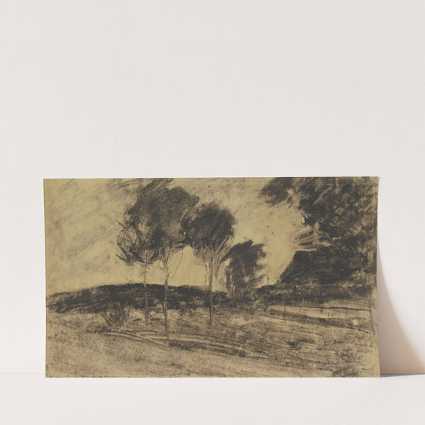 Landschaft, links kleiner Hügel, davor drei Bäume, rechts Haus by Sion Longley Wenban