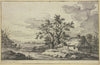 Landschaft mit Bach und zwei Hütten im Vordergrund