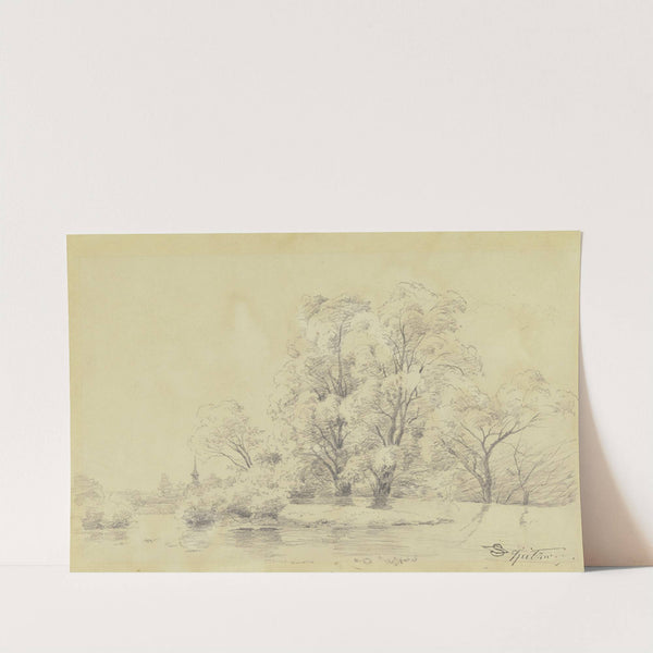 Landschaft mit Bäumen am Wasser, in der Ferne der Turm einer Dorfkirche by Carl Spitzweg