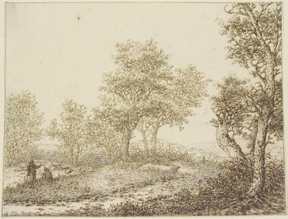 Landschaft mit Bäumen, links zwei Männer im Gespräch