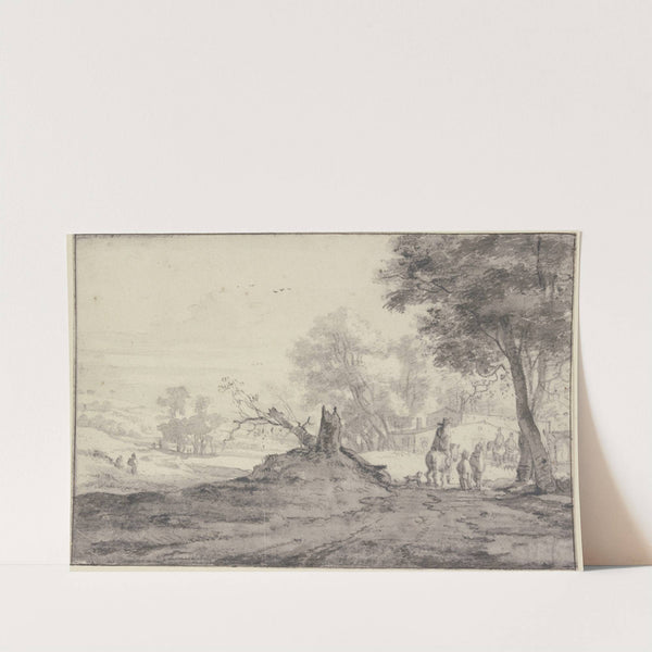 Landschaft mit Bäumen und Häusern, in der Mitte die Reste eines abgehauenen Baumes, Reiter und Fußgänger by Roelant Roghman