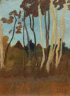 Landschaft mit Birken, im Hintergrund zwei Hausgiebel
