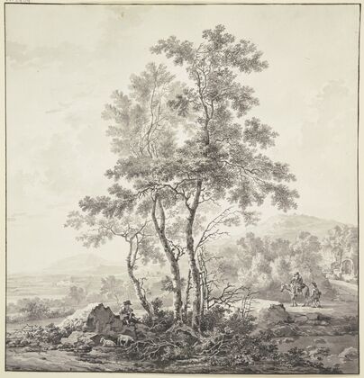 Landschaft mit Birken im Vordergrund