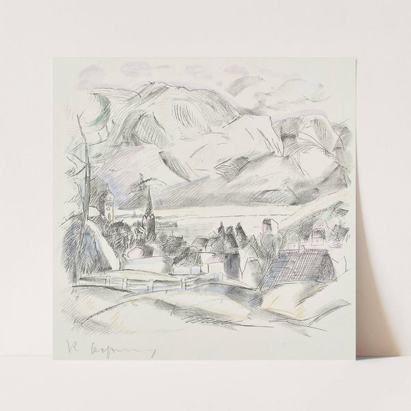 Landschaft mit Dorf am See vor Gebirge (1916) by Rudolf Grossmann