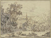 Landschaft mit Dorf, im Vordergrund Reiter und eine Viehherde mit Hirte