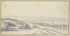 Landschaft mit einem Fluß, links Gebäude unter Bäumen, auf der Landstraße ein Wagen und einige Figuren