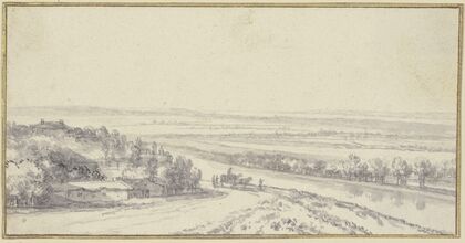 Landschaft mit einem Fluß, links Gebäude unter Bäumen, auf der Landstraße ein Wagen und einige Figuren