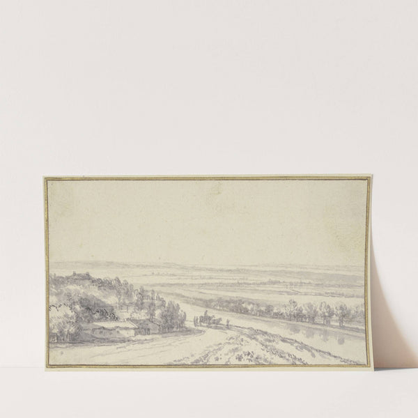 Landschaft mit einem Fluß, links Gebäude unter Bäumen, auf der Landstraße ein Wagen und einige Figuren by Antonie Waterloo