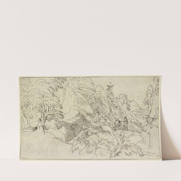 Landschaft mit einem kolossalen Flußgott, neben ihm drei kleine Figuren by Domenichino