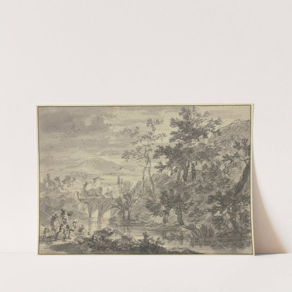Landschaft mit einem mit Weiden bewachsenem Fluß, über welchen eine Brücke mit drei Bogen führt, vorne Reiter und Fußgänger by Adam Pynacker