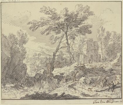 Landschaft mit einem Wasserfall, rechts an einem Baumstamm zwei Figuren