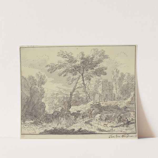 Landschaft mit einem Wasserfall, rechts an einem Baumstamm zwei Figuren by Jan van Huysum