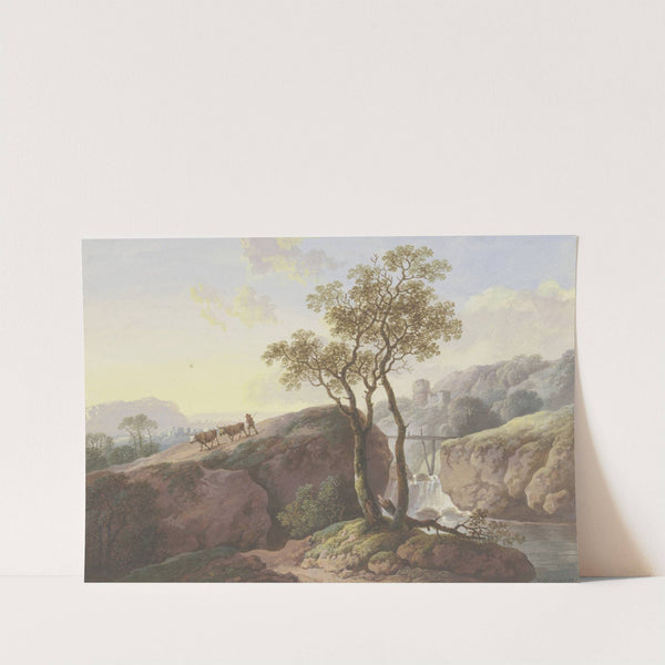 Landschaft mit einem Wasserfall, über den ein Steg führt, links treibt ein Bauer zwei Kühe zu Tal, im Hintergrund eine Ruine by Maria Dorothea Wagner