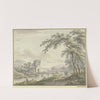 Landschaft mit einer Brücke und Turm, rechts unter einem Baum ein Paar mit einem Hund by Johann Heinrich Müntz