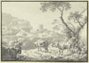 Landschaft mit einer Burgruine, zwei Hirten führen ihre Viehherde von rechts herbei
