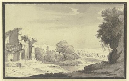 Landschaft mit einer Ruine links im Vordergrund (1744)