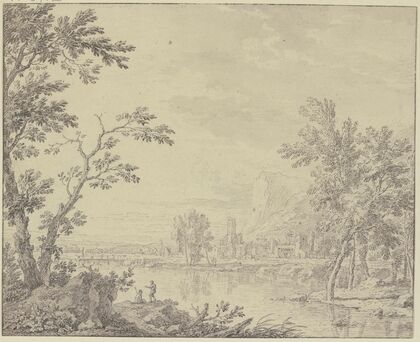 Landschaft mit einer Stadt am Wasser