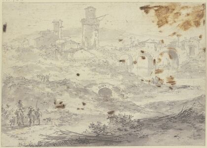 Landschaft mit einer Stadt und einer großen Brücke mit drei Bögen, vorne links drei Figuren