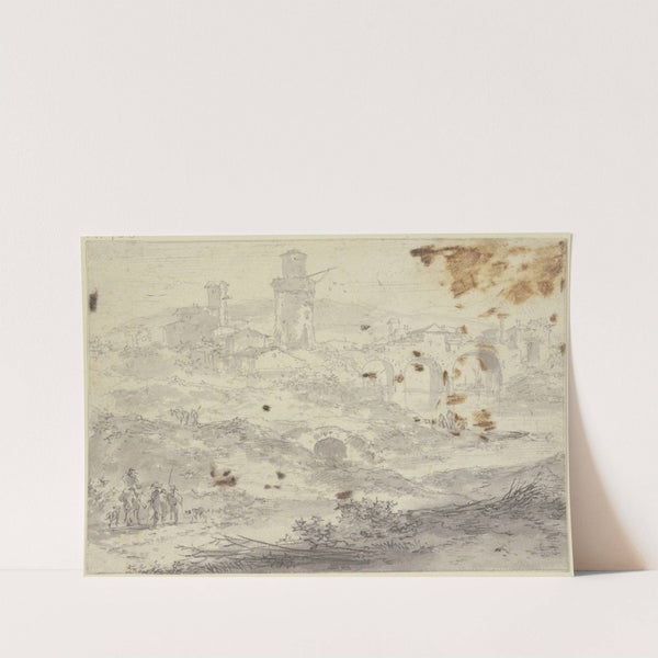 Landschaft mit einer Stadt und einer großen Brücke mit drei Bögen, vorne links drei Figuren by Nicolaes Pietersz. Berchem