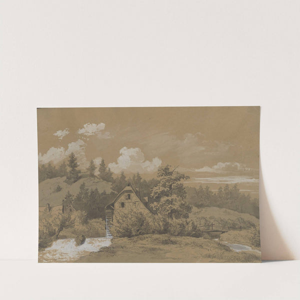 Landschaft mit Fachwerkhaus und Kaskade by Karl Roux
