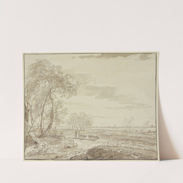Landschaft mit Fernsicht, links Bäume, auf dem Weg eine Schafherde by Gerard van Nijmegen