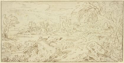 Landschaft mit Gebäuden, im Vordergrund Felsstücke und zwei nur halb sichtbare Figuren