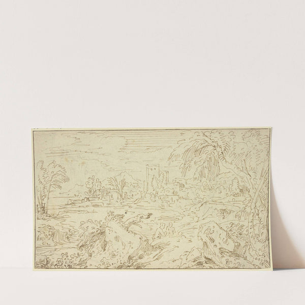 Landschaft mit Gebäuden, im Vordergrund Felsstücke und zwei nur halb sichtbare Figuren by Abraham Genoels II