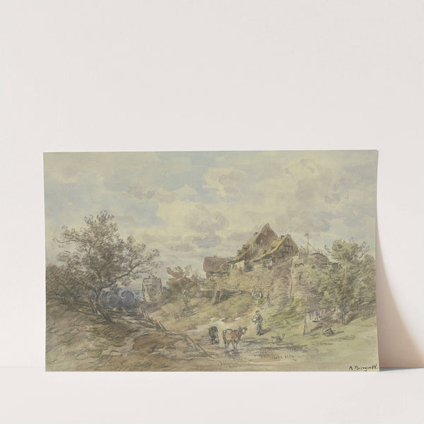 Landschaft mit Gehöft, zwei Kühe mit Bäuerin im Vordergrund by Anton Burger