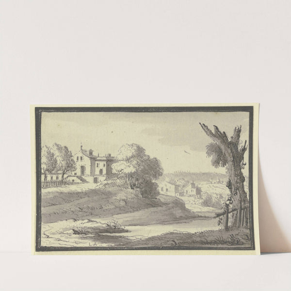 Landschaft mit Häusern auf einem Hügel am Wasser (1744) by Johann Ludwig Aberli