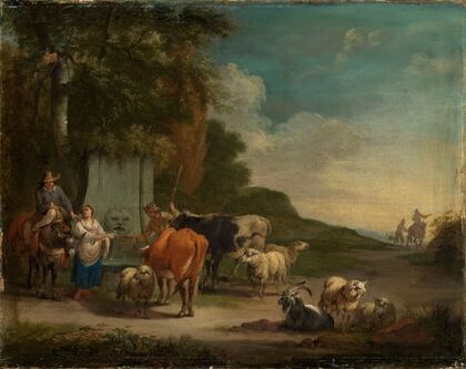 Landschaft mit Hirten und Herde am Brunnen