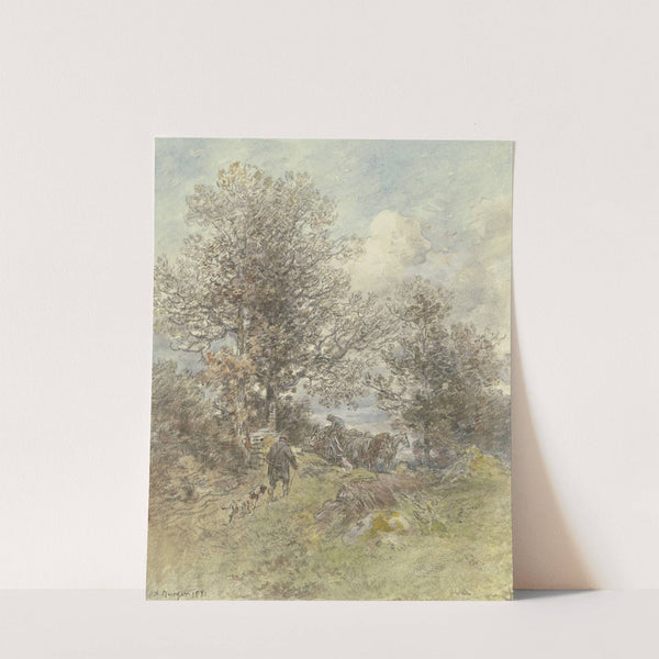 Landschaft mit Jäger und holzaufladendem Bauer by Anton Burger