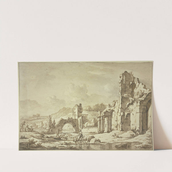 Landschaft mit römischen Ruinen, vorne reitet eine Hirtin mit der Herde durchs Wasser, links zwei Maler by Adriaen van de Velde