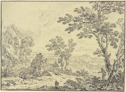 Landschaft mit Ruinen, vorne rechts ein Schafhirte