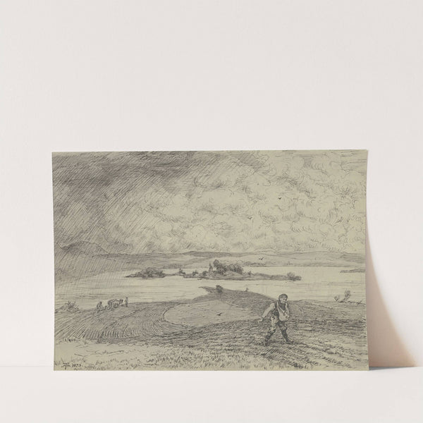 Landschaft mit Sämann, im Hintergrund ein See mit Insel (1873) by Hans Thoma