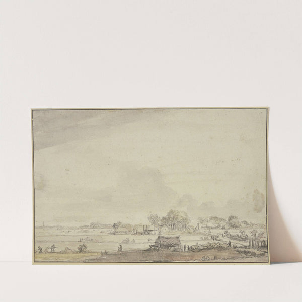 Landschaft mit zerstreuten Hütten, links sind Leute mit der Ernte beschäftigt by Ferdinand Bol