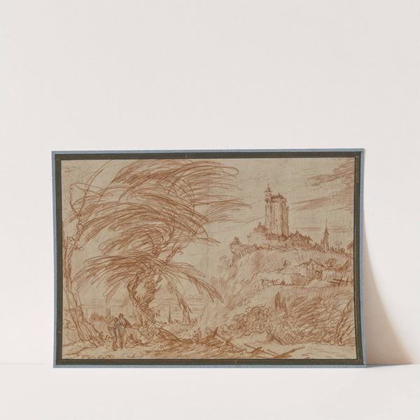 Landschaft, rechts auf einem Hügel ein großer Turm, links eine Baumpartie und einige Figuren by Jacques Callot