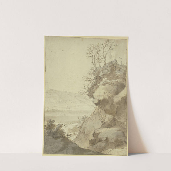 Landschaft, rechts eine große Felspartie mit dürren Bäumen by Hendrick Mommers