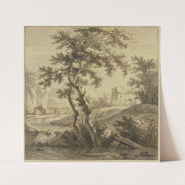 Landschaft, vorne zwei Bäume, rechts eine Ruine, links ein Wasser und Felsen by Jan Both