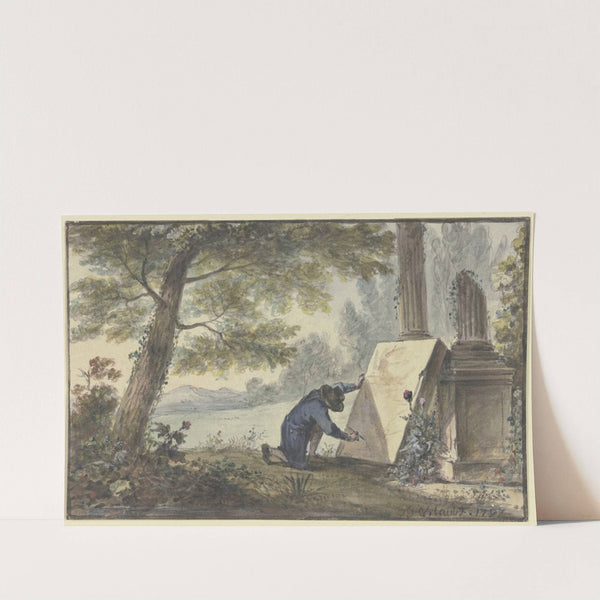 Landschaftsmaler beim Malen unter einem Baum bei zwei Säulenfragmenten (1797) by Georg Karl Urlaub