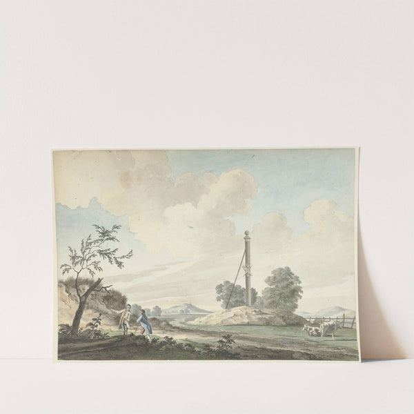 Landschap bij de duinen met een mijlpaal en twee wandelaars by Gerrit Toorenburgh