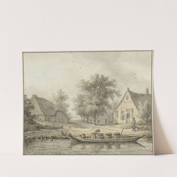 Landschap met afgemeerde schuit met vaten by Cornelis Buys