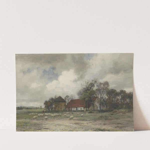 Landschap met boerderij en herder met schapen by Julius Jacobus van de Sande Bakhuyzen